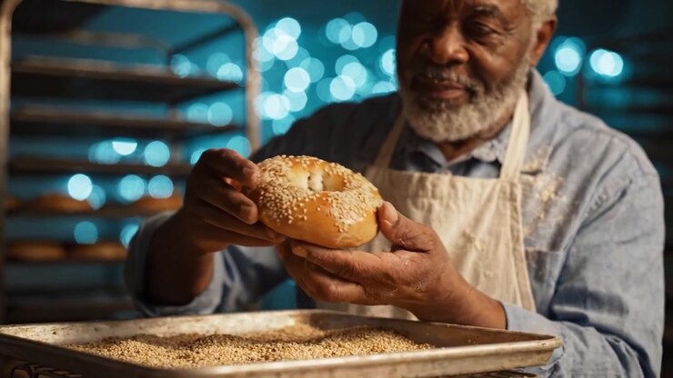 An experienced baker meticulously prepares a sesame bagel, showcasing traditional techniques with care while surrounded by a warm, inviting bakery atmosphere.