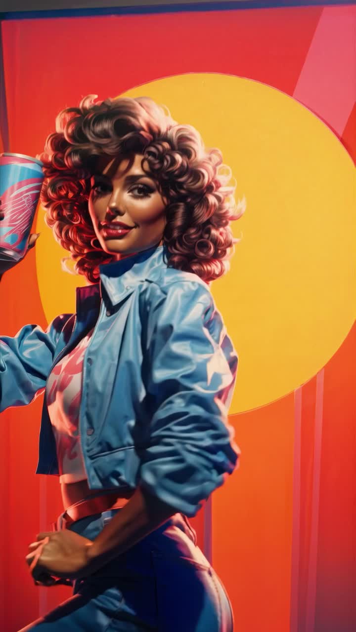A vibrant video still of a woman in retro style, holding a can, shot from a low angle, with dramatic