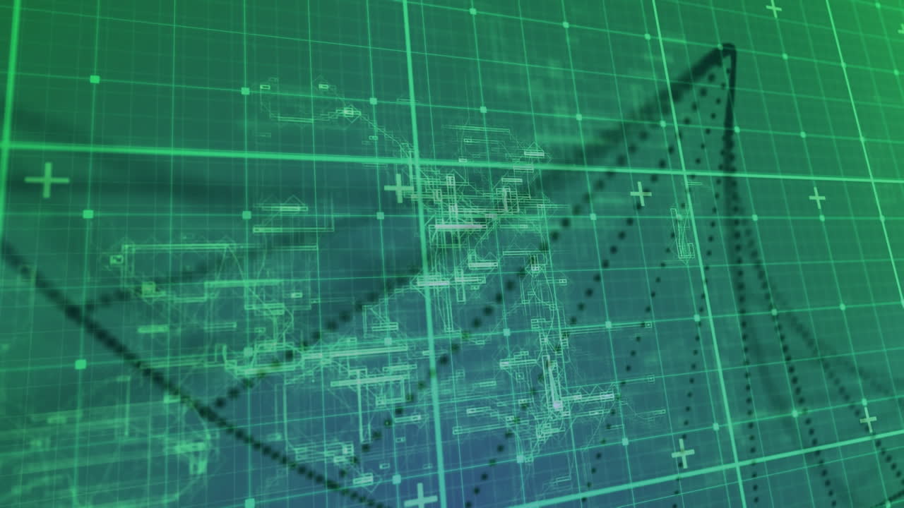 녹색 그리드와 검은색 입자의 애니메이션은 데이터 처리를 통해 나선형을 형성합니다.