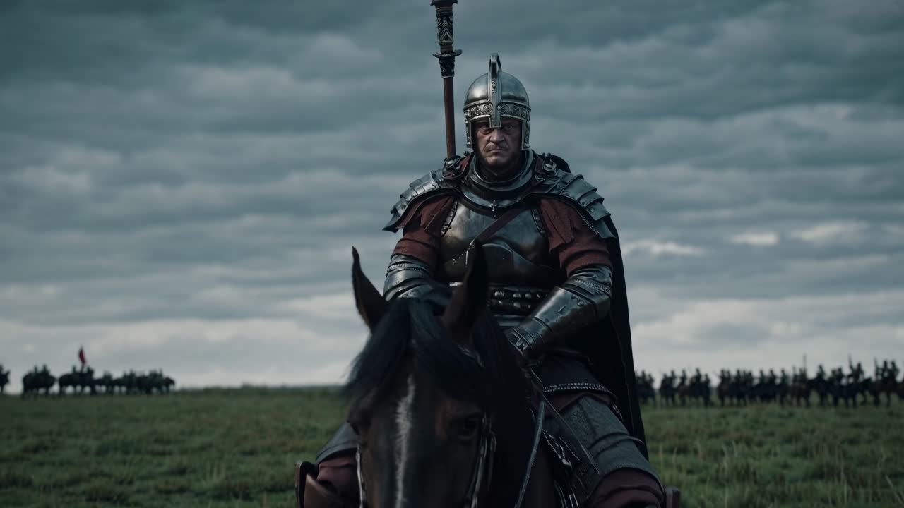 Epic medieval scene with a knight on horseback, captured from a low-angle video