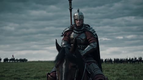 epic medieval scene with a knight on horseback, captured from a low-angle video