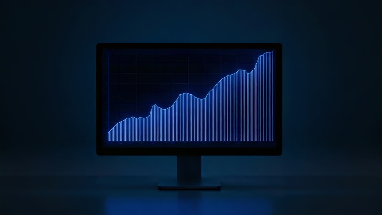 Receiving live data, flat-panel monitor displaying rising blue chart in studio, reflective tabletop