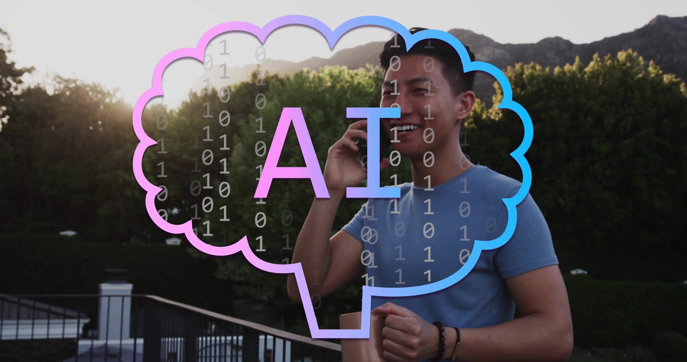 Man stepping onto terrace with mug glancing smartphone screen summoning AI cloud assisting call