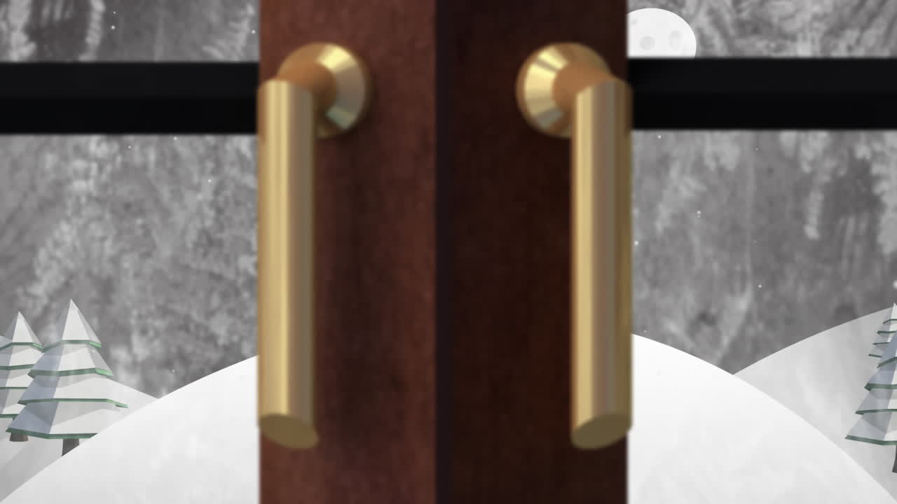 밤하늘을 배경으로 겨울 풍경 위에 내리는 눈에 맞춰 창문이 열리는 애니메이션