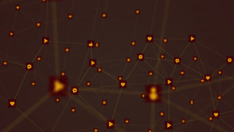 Animation-of-orange-network-connection-with-social-media-icons-on-black-background