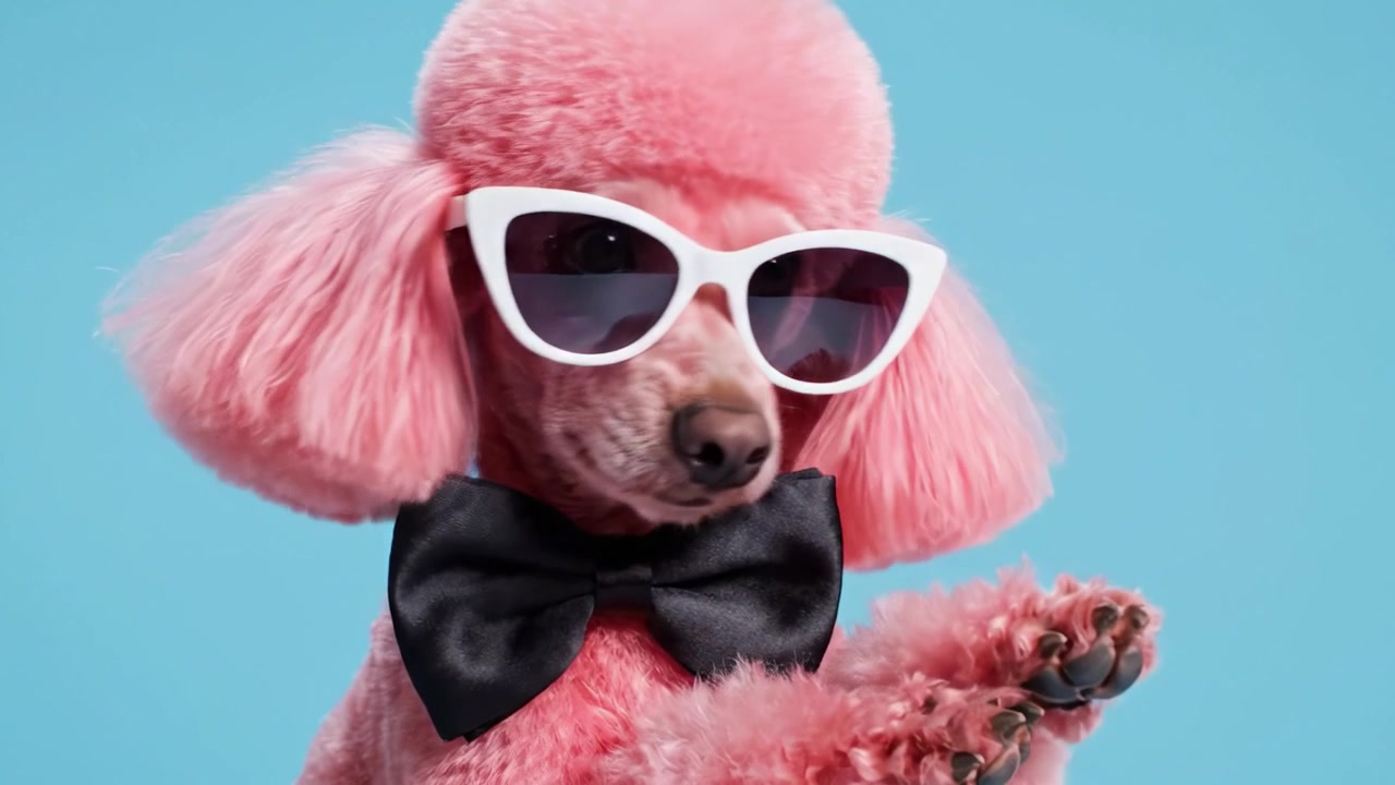 En stilfuld puddel med solbriller og butterfly: Denne yndige lyserøde hund viser et unikt modestatement på en lyseblå baggrund.
