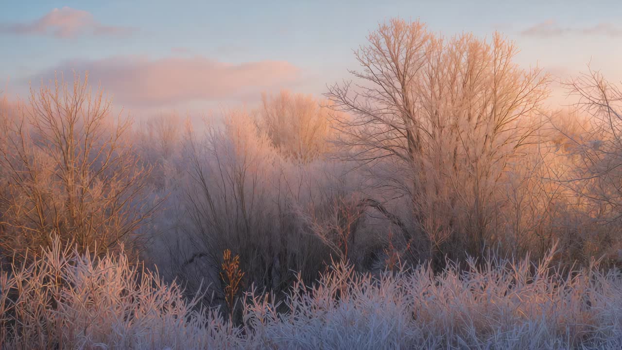 Sunrise light bathing frosted shrubs and thicket at wetland, mist thinning while tall tree warming