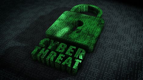 stylish and hyper realistic 3d cgi render of a stylised system security padlock on a hitech surface overlaid with animated binary code with the message cyber threat in metallic green