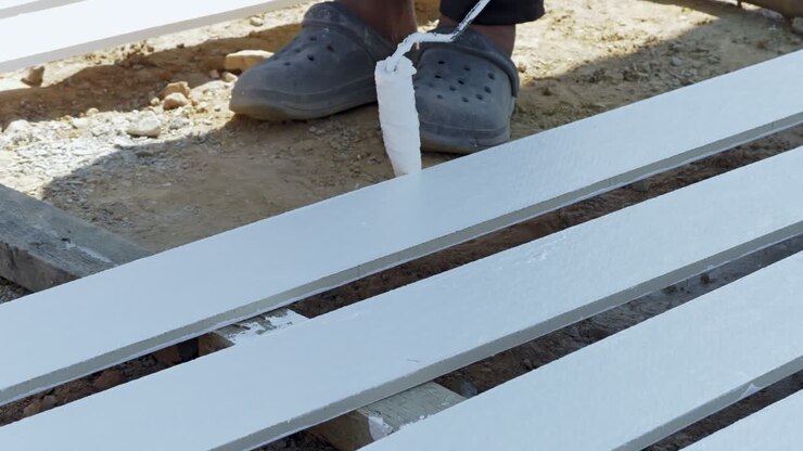 A craftsman meticulously paints white stripes a wooden surface in an outdoor workshop