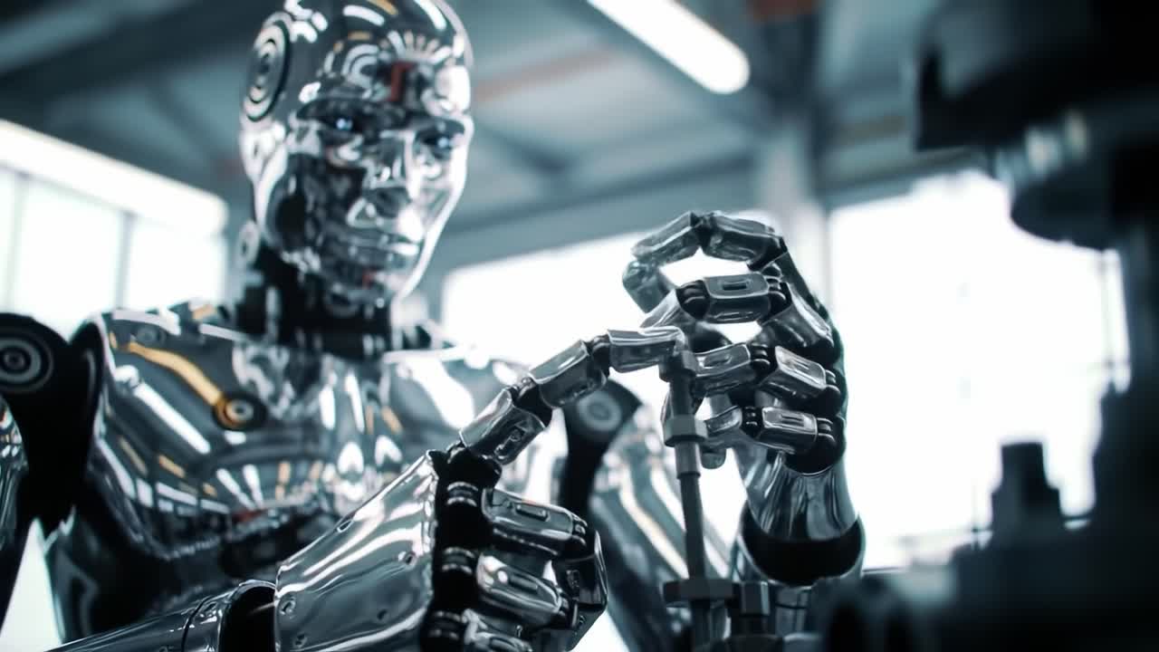 A robot with a metallic finish skillfully assembles components in a modern workshop.