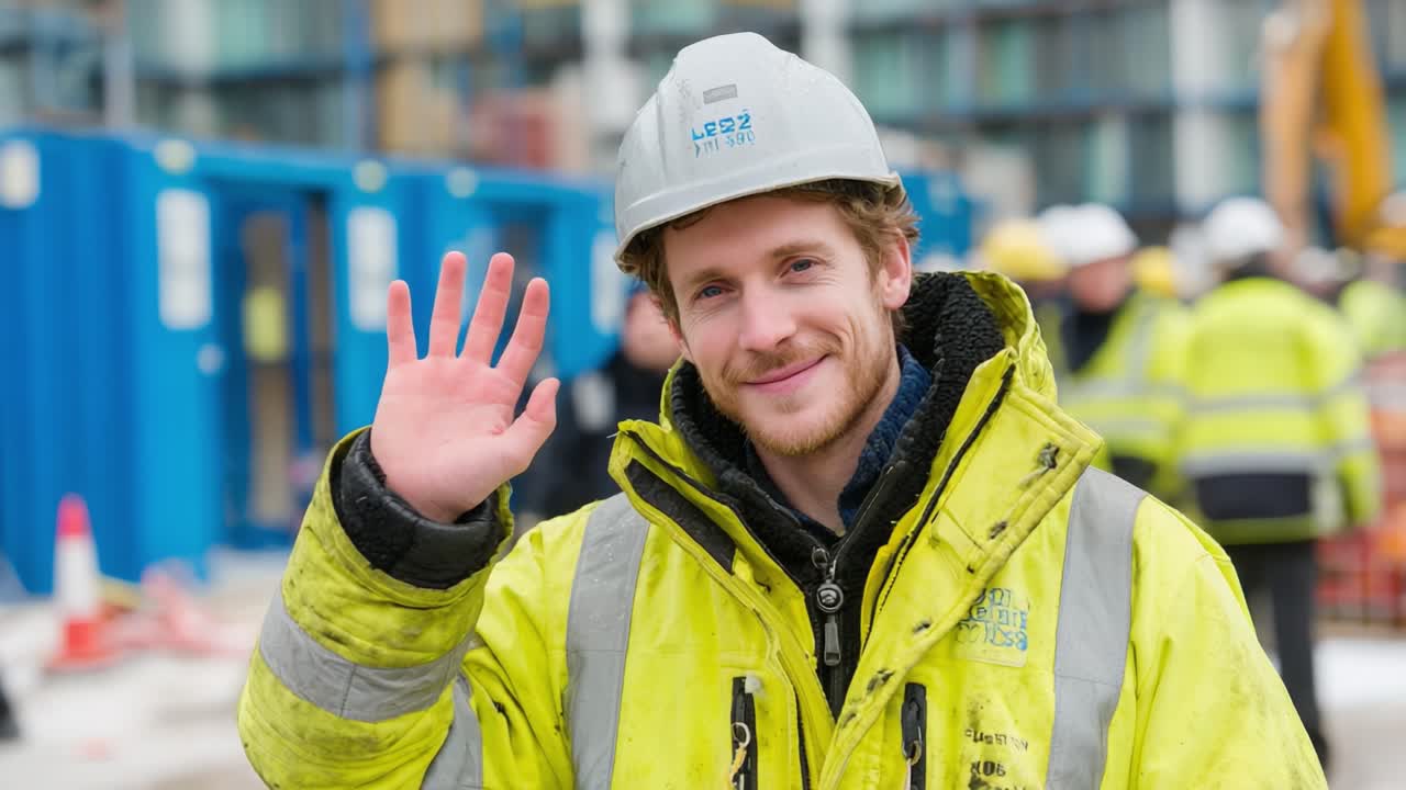 Friendly Construction Worker Waves Hello on Job Site, Showcasing Safety Gear and Positive Attitude Amid Construction Activity and Teamwork in Background