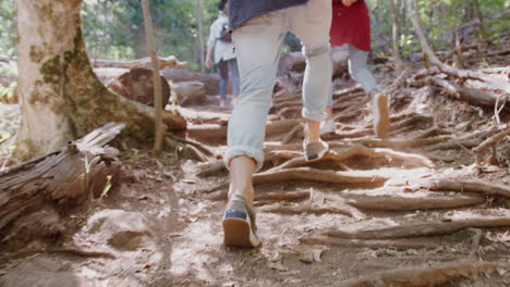 close up of young friends hiking through countryside walking along path together