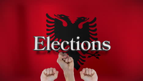 fists raised with elections text animation over black eagle on red background