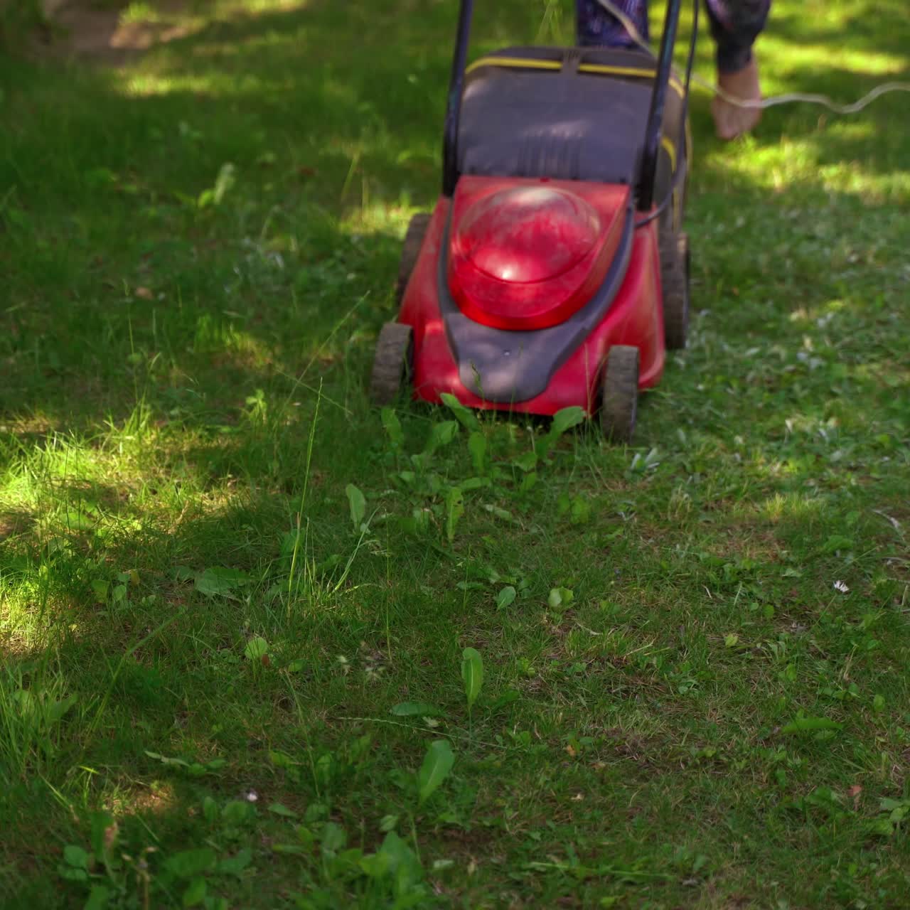 Gardening. Someone mows the grass with an electric lawn mower. Mowing the lawn grass. Landscaping the garden.