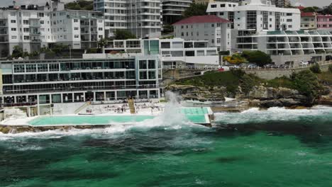 Bondi-Icebergs-Swimming-Club-on-day-with-rough-sea,-Bondi-Beach-in-Australia