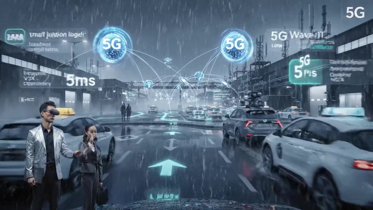 Una scena urbana futuristica che mostra tecnologia 5G avanzata in un ambiente piovoso, con pedoni e taxi intelligenti che navigano attraverso un ambiente cittadino interconnesso.