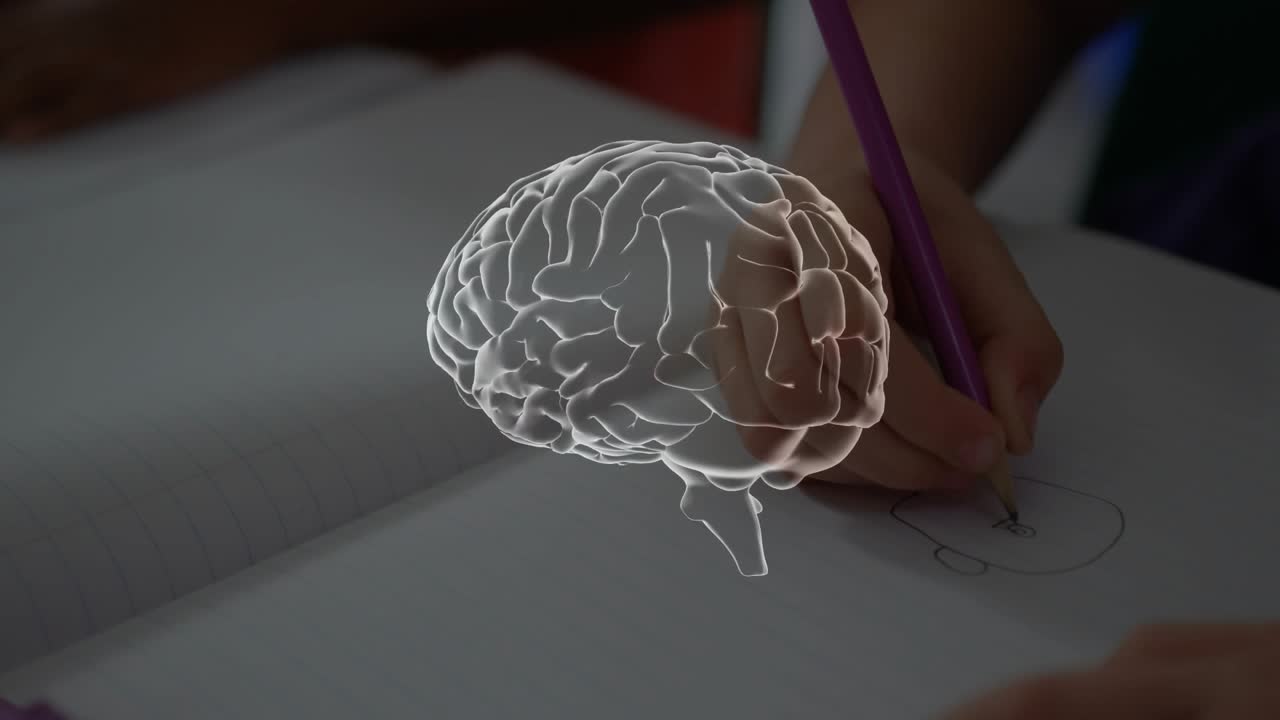 Hand appearing and sketching face while purple pencil guiding 3D brain rotating, showing learning