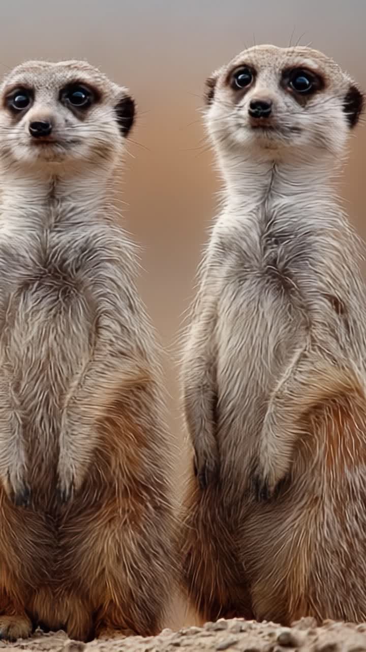 Two Curious Meerkats Observing Their Surroundings with Alertness, Exhibit a Unique Behavior of Standing Upright, Capturing a Moment of Wildlife Presence in Their Natural Habitat