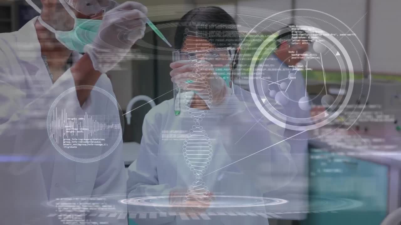 científico que lleva a cabo un experimento contra símbolos científicos animación y hélice de adn