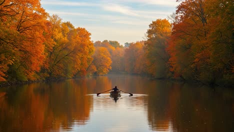 person rowing on a river lined with autumn trees