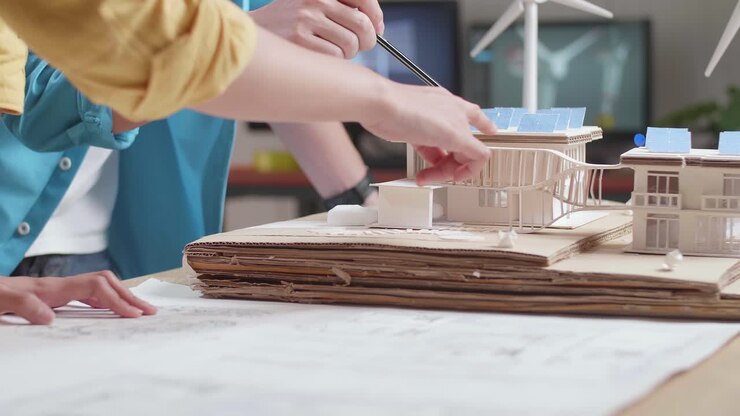 Close Up Of Man And Woman Helping Each Other Building The Model Of A Small House With Solar Panel