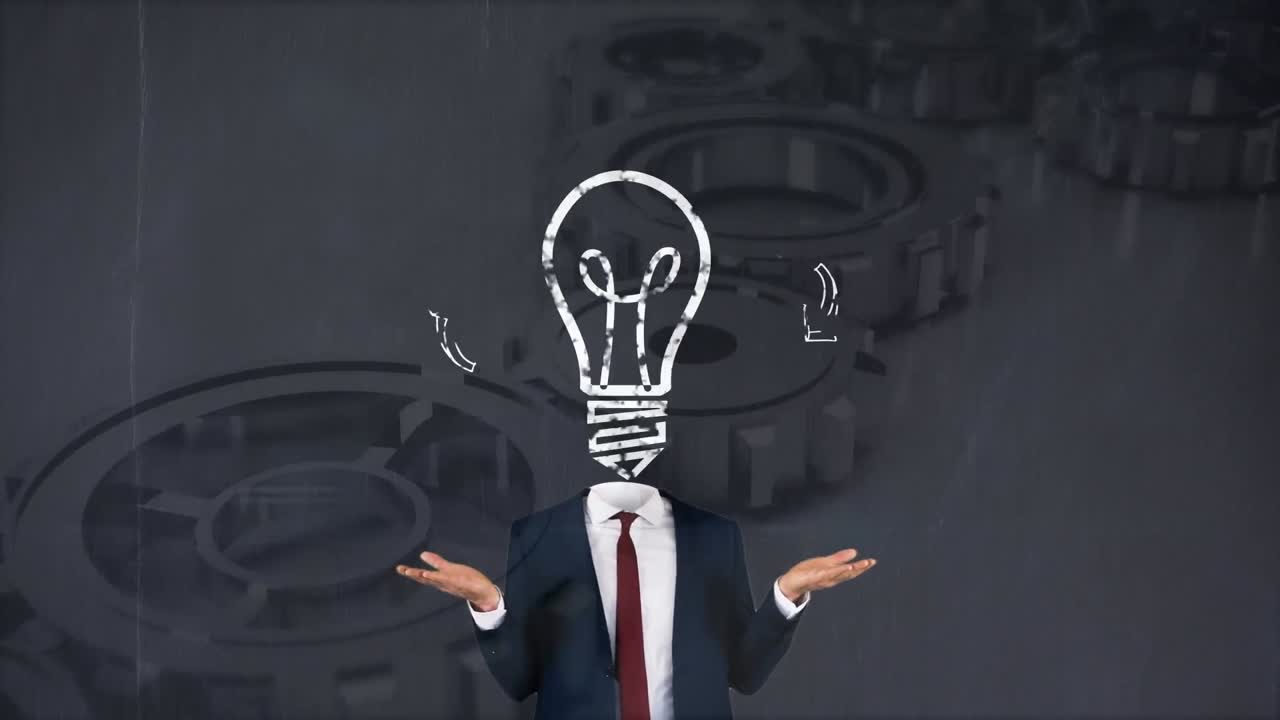 animación de una silueta humana sin cabeza y un bulbo sobre un fondo gris con engranajes