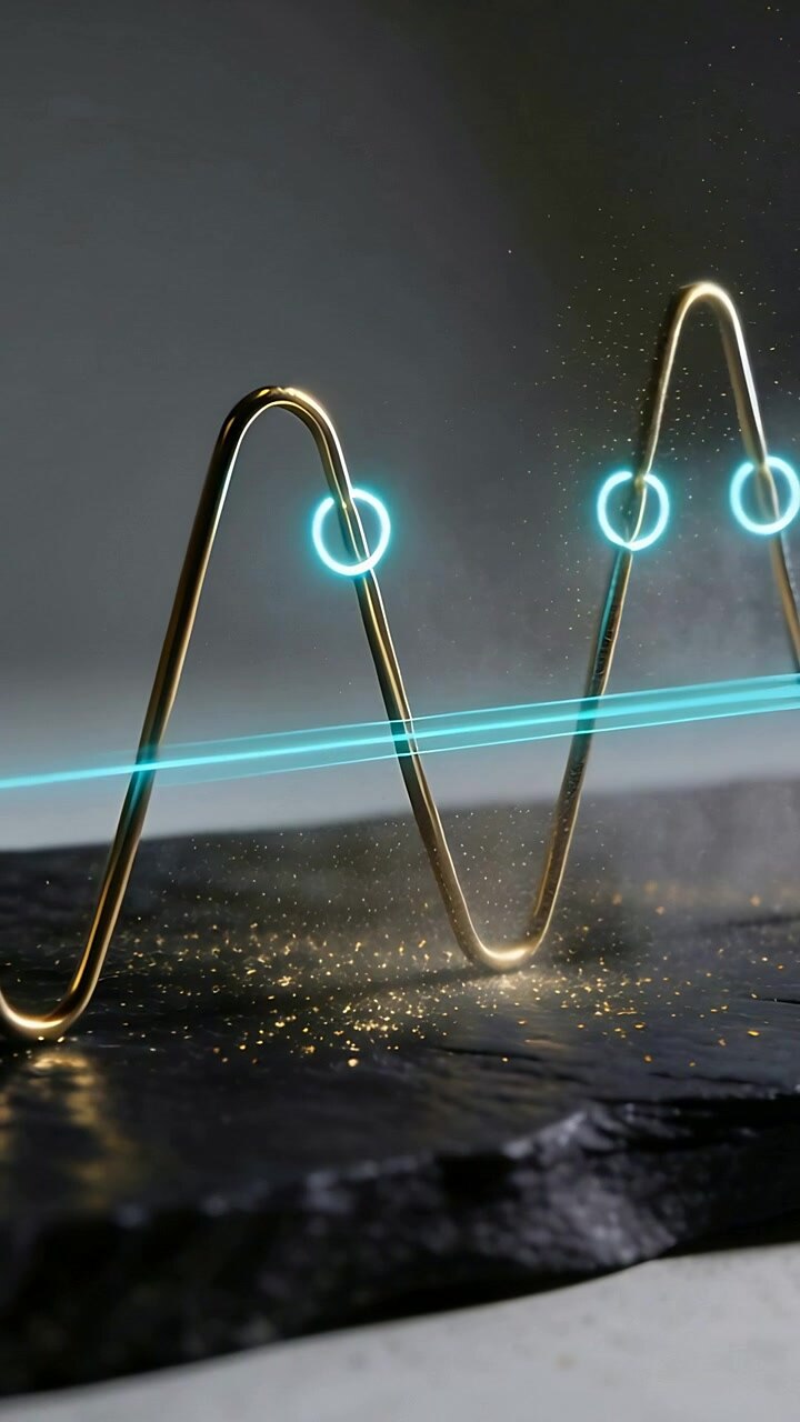 Video vertical: Haz cian en movimiento escaneando un cable dorado en una mesa de estudio, provocando el brillo de anillos cian.