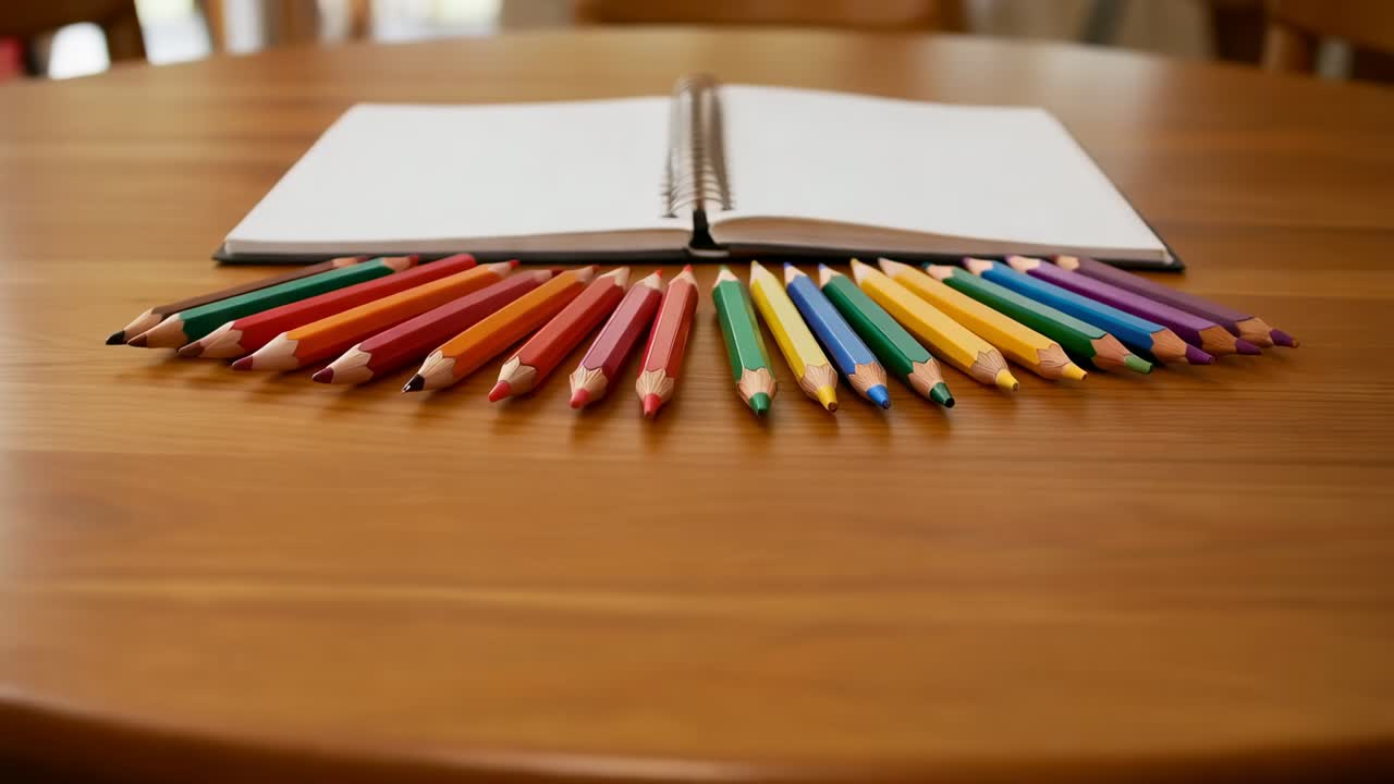 Pulling back camera revealing spiral notebook with fanned color pencils on wooden table for drawing