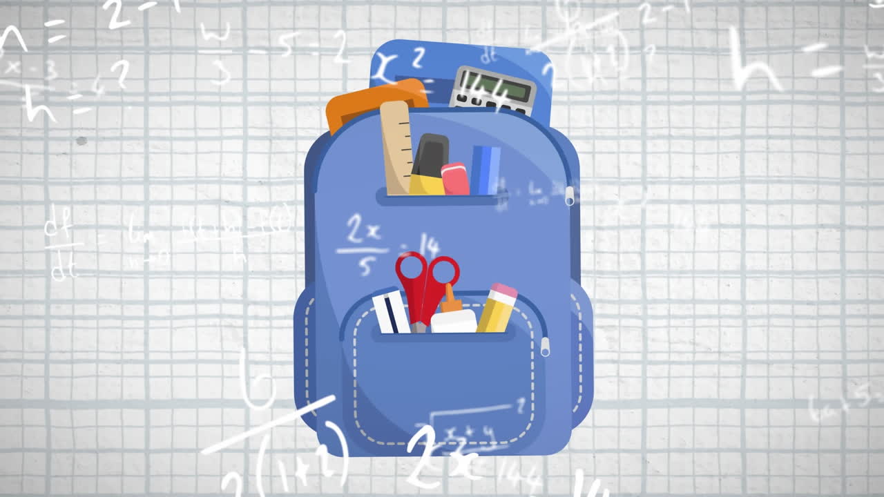 Animasi gambar dan rumus matematika di atas ransel dengan latar belakang putih