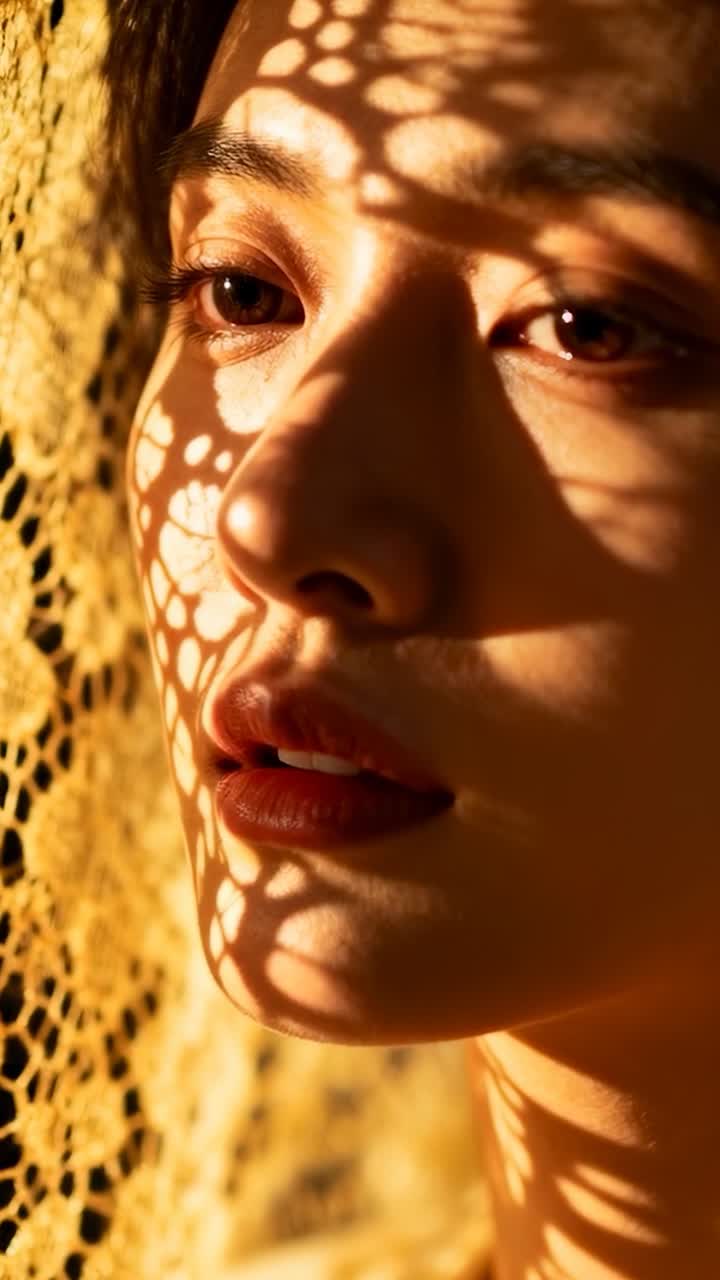 Video verticale: donna asiatica che osserva la luce del sole filtrata attraverso il pizzo, sguardo dolce e rossetto lucido