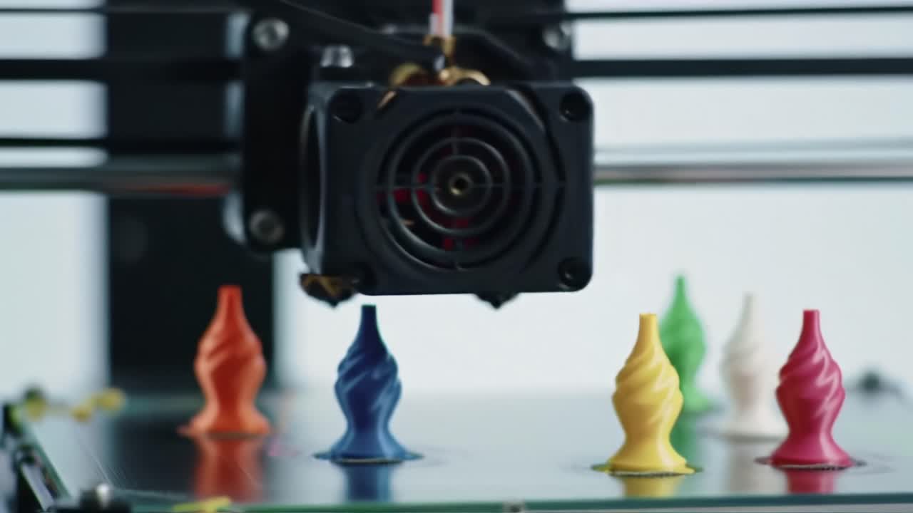 Innovative 3D Printing Technology Showcased with Colorful Ice Cream Cones Being Produced in a Modern Manufacturing Environment