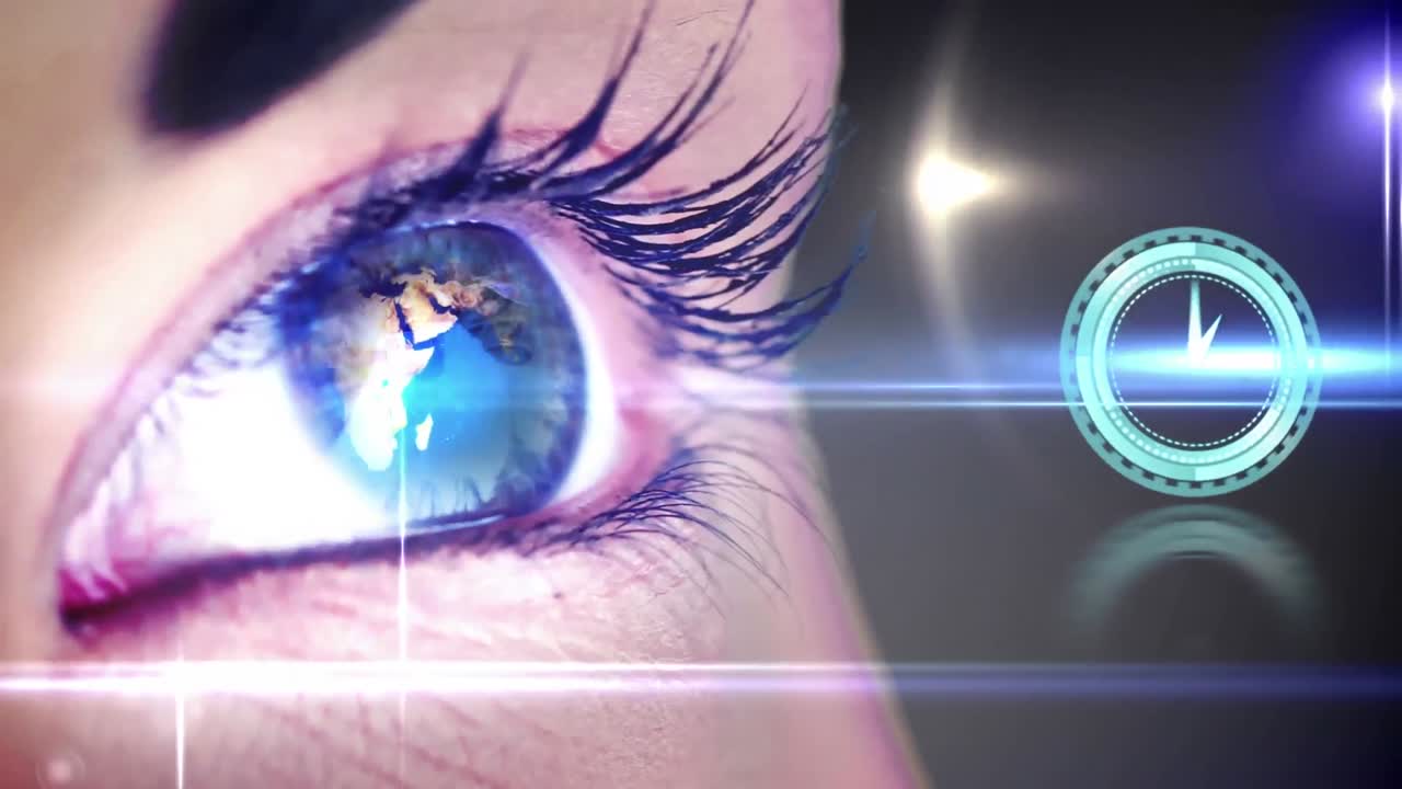 Animation of globe and clock over woman's eyes