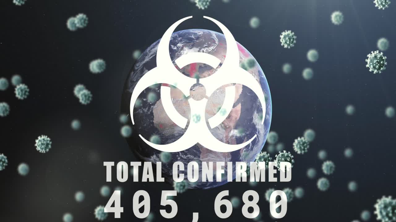 анимация вирусного знака и макроковид-19 клеток, плавающих с моделью глобуса на заднем плане