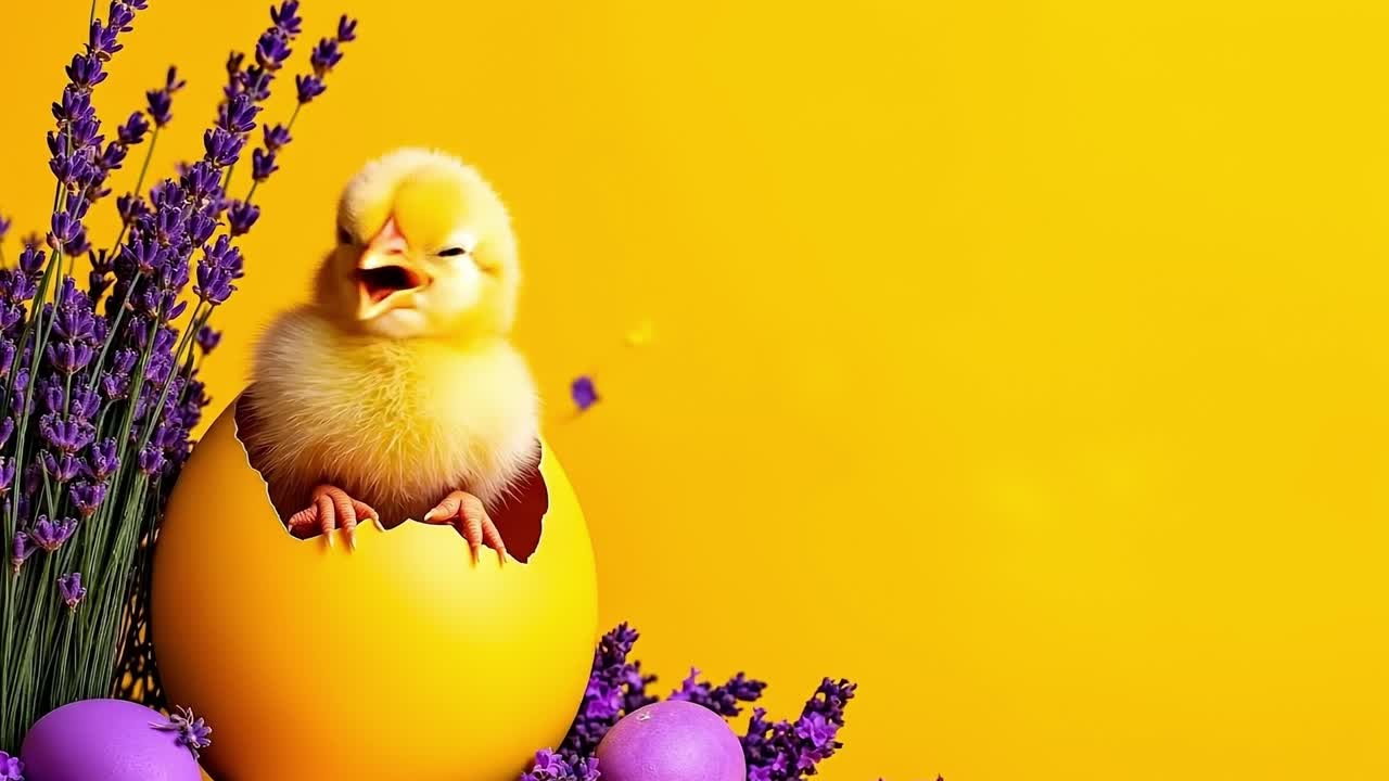 A small yellow chicken sitting on top of an egg surrounded by purple flowers