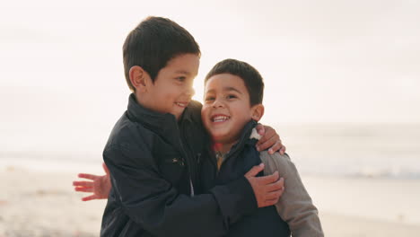 Boy-children,-brothers-and-hug-at-beach