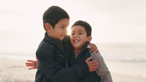 boy children, brothers and hug at beach