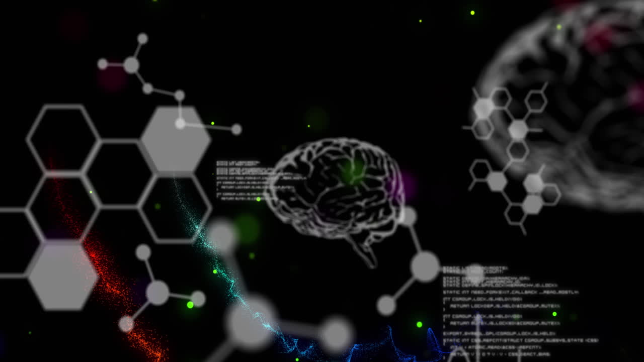 Processamento de dados médicos contra pontos de luz coloridos e ondas digitais em um fundo preto.