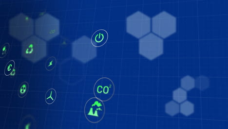 animation of eco icons and data processing over blue background