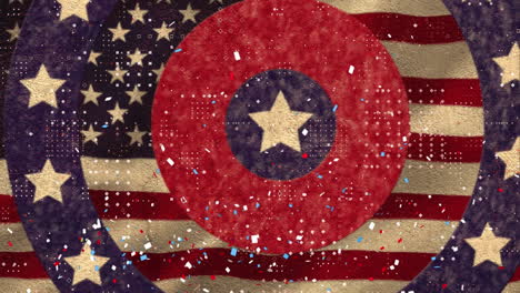 digital animation of confetti falling over stars on spinning circles against waving american flag