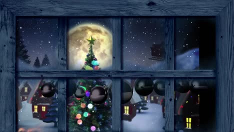 Animation-Des-Weihnachtsmanns-Im-Schlitten-Mit-Rentieren-In-Weihnachtlicher-Winterlandschaft,-Durch-Das-Fenster-Gesehen