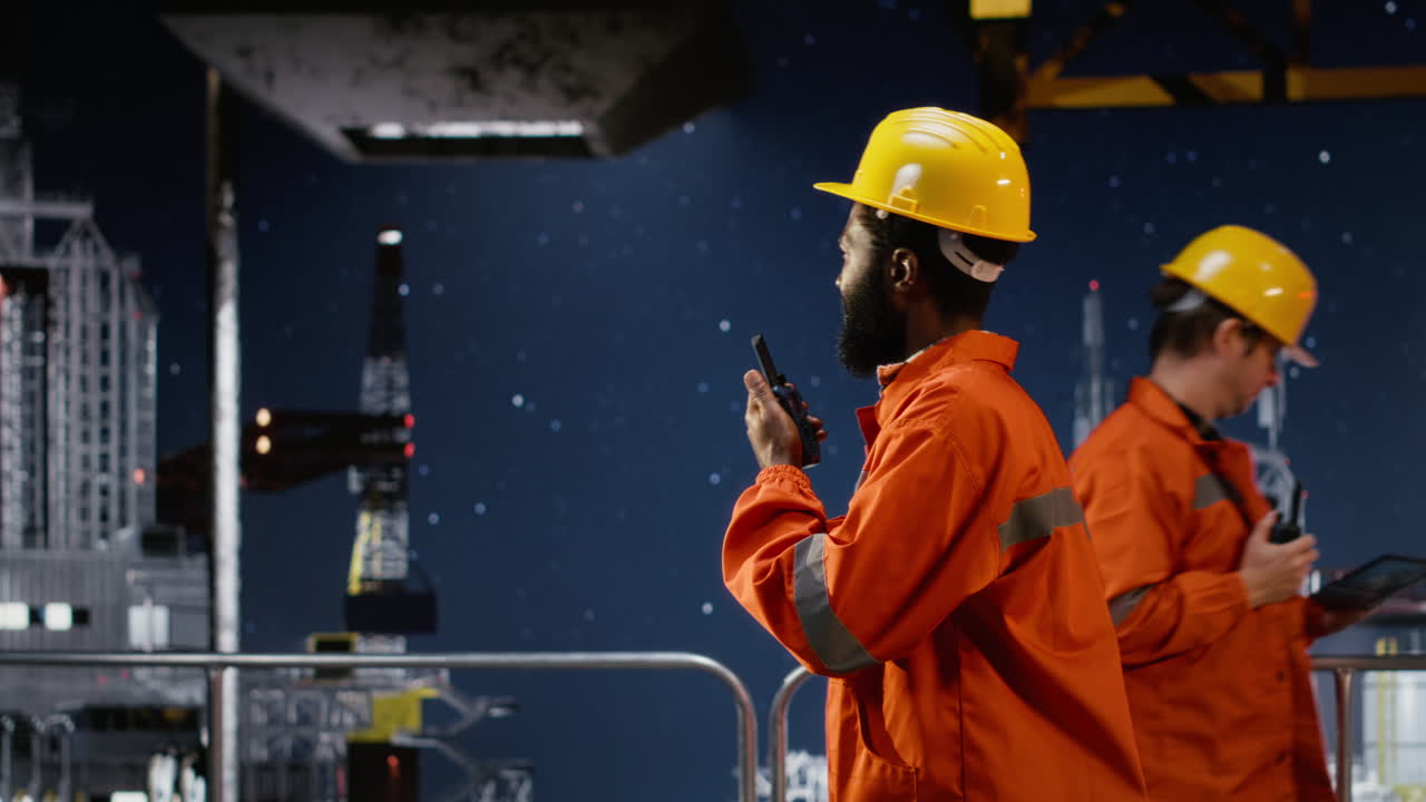 Offshore-ingeniør taler i walkie-talkie om natten på en boreplatform
