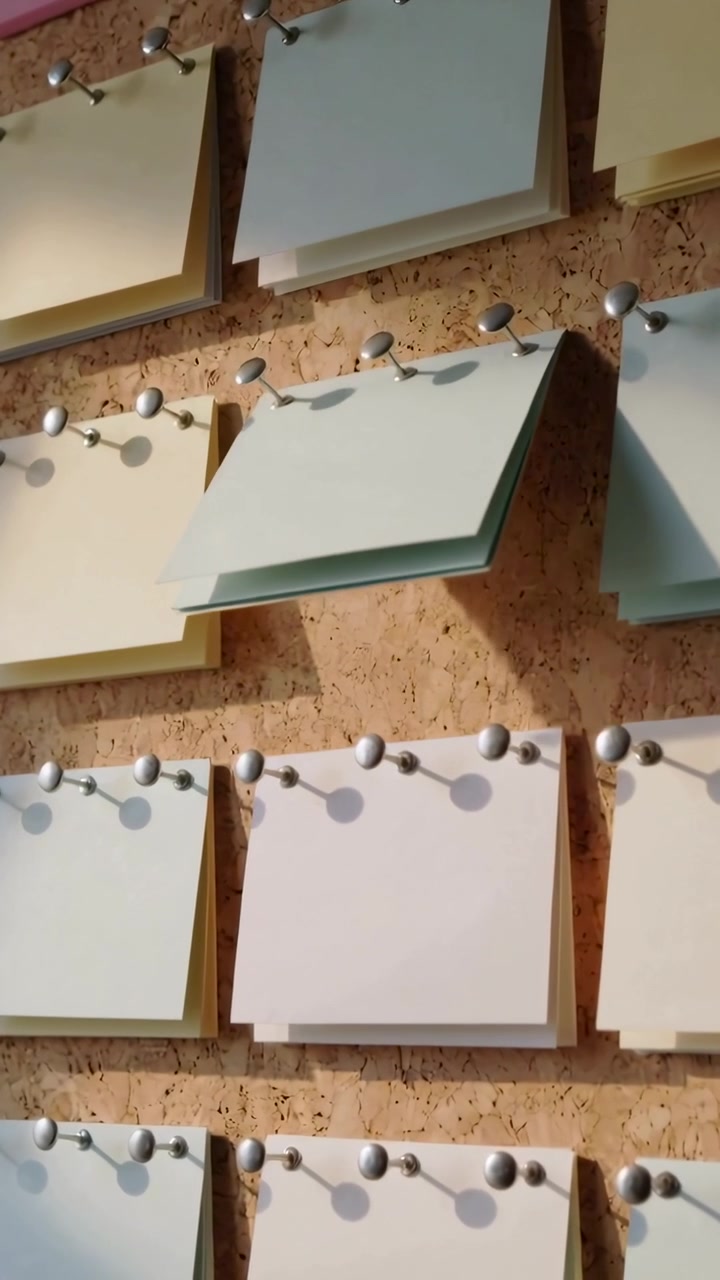 Vertical video: Fluttering central pastel pad lifting on corkboard with pins in shop from breeze