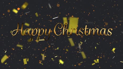 Animation-of-gold-text-happy-christmas,-with-gold-confetti-and-orange-spots-of-light,-on-black