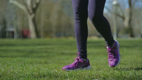 Schlanke-Weibliche-Beine-In-Schwarzen-Leggings,-Die-Im-Park-Auf-Gras-Laufen