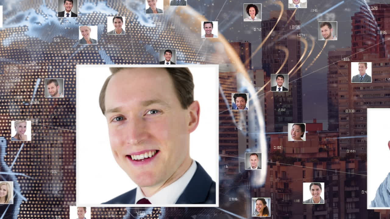 анимация сети соединений по городскому ландшафту