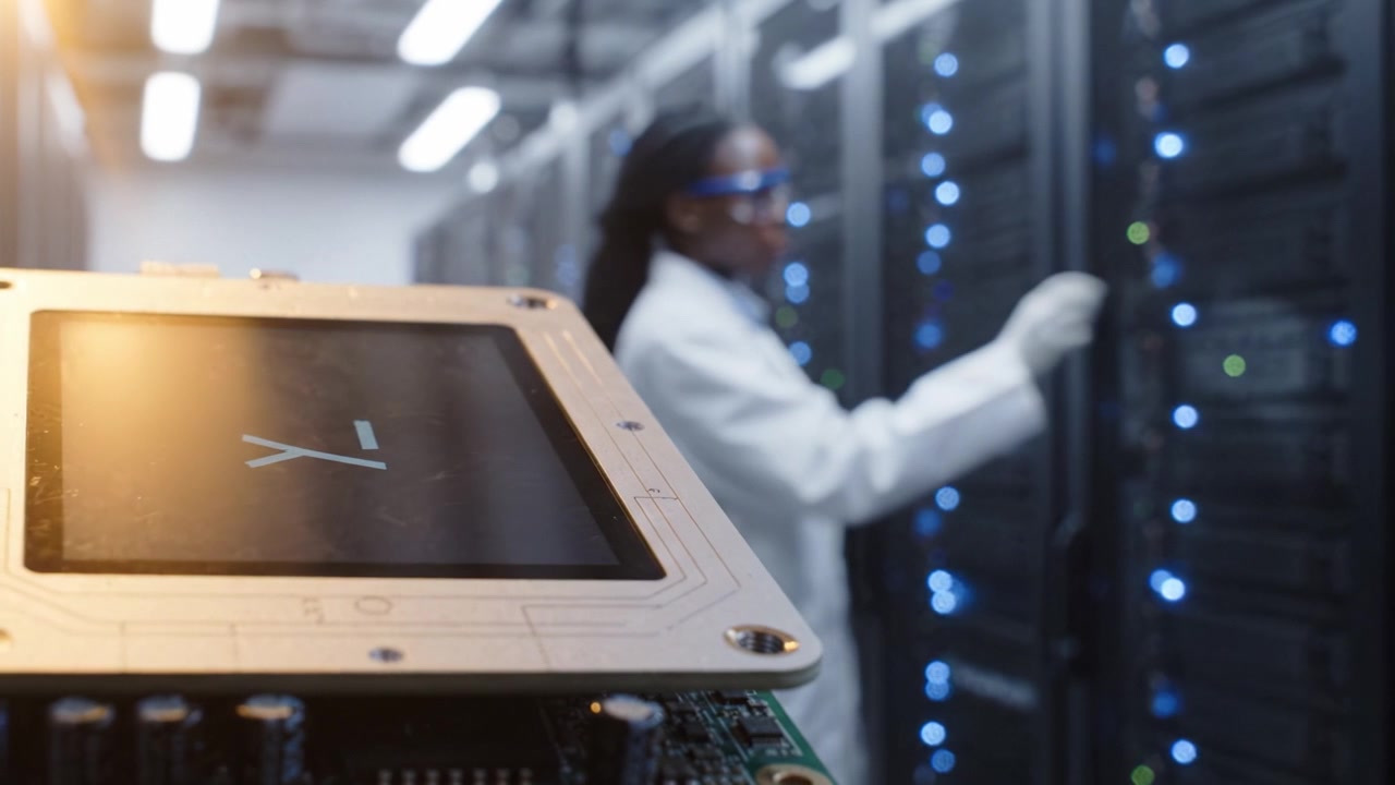 High-Tech Computing Environment Featuring Quantum Processor and Data Servers with Professional Technician Interacting with Hardware in Modern Data Center Setup