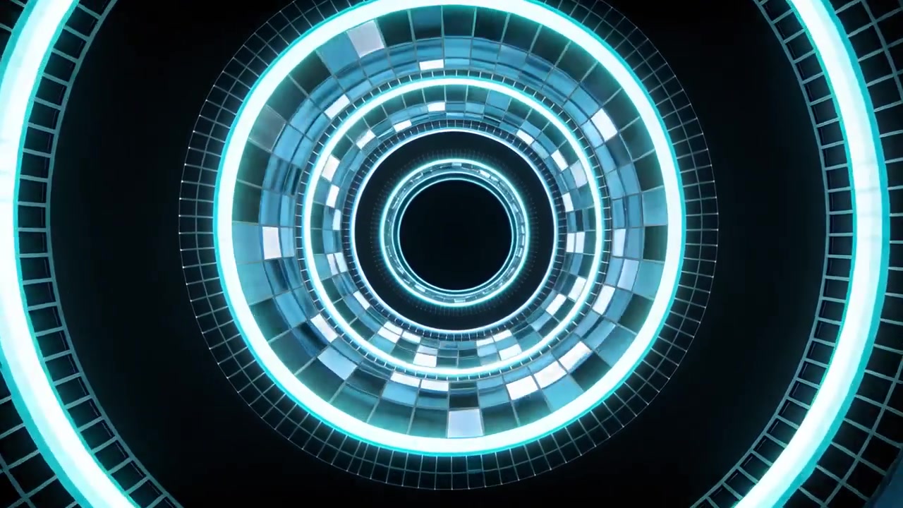 Rotating concentric-ring structure powering up in futuristic tunnel, pulsing cyan neon tiles