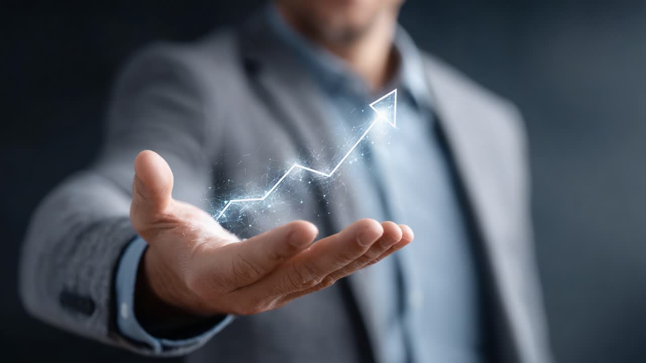 A Business Professional Demonstrating Growth and Progress with Symbolic Light Effects Rising from Their Hand in a Dynamic Visual Representation