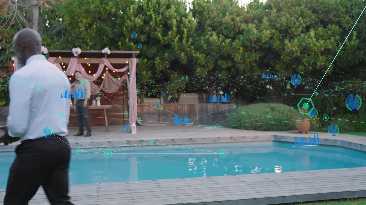 Pair clasping hands initiating walking along pool deck, biz chart animating around networking duo