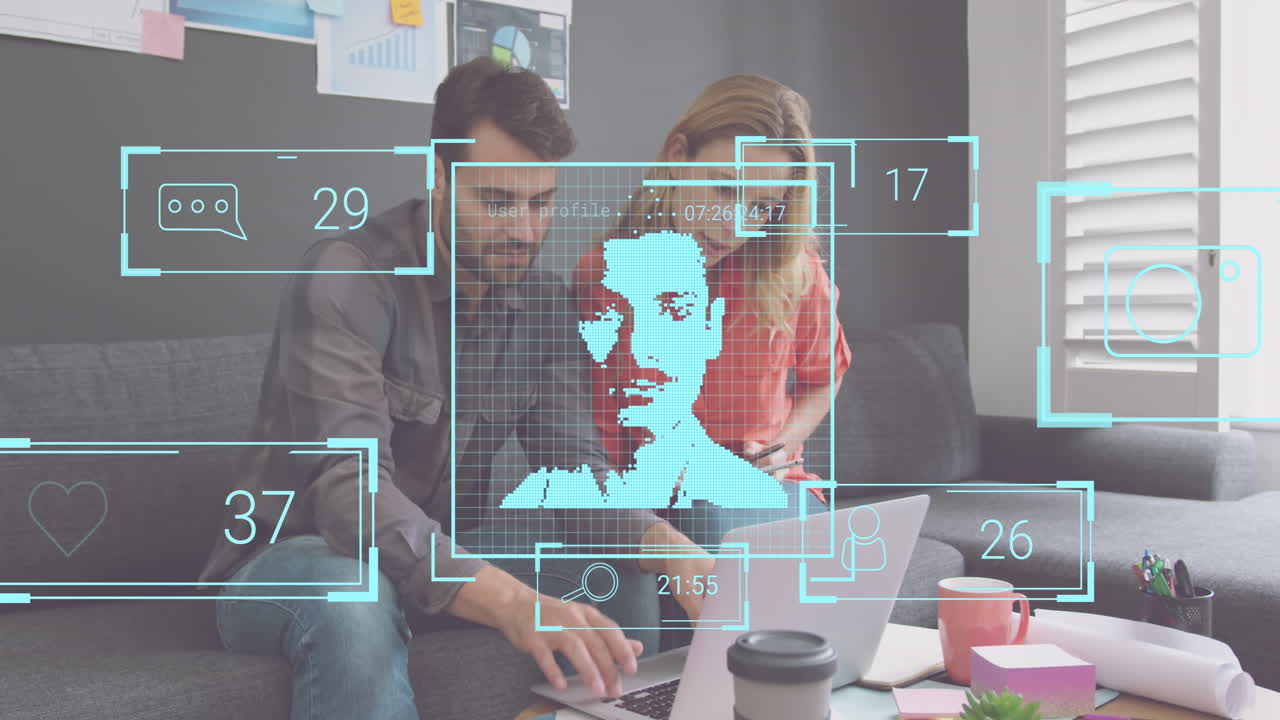 animación de números cambiantes, iconos, imagen de perfil, pareja caucásica analizando los gastos en la computadora portátil
